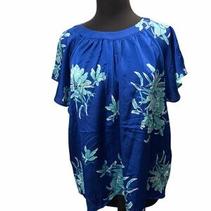 Liz Claiborne Royal Blue Floral Short-Sleeve Blouse